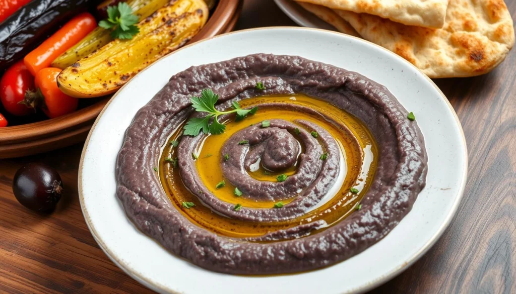 Creamy eggplant puree garnished with herbs and served in a bowl.