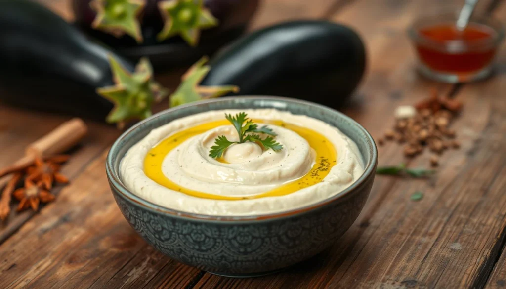 Creamy eggplant puree garnished with herbs and served in a bowl.