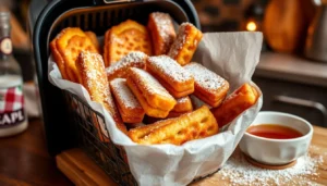 Crispy frozen French toast sticks cooked in an air fryer, served with fresh berries.