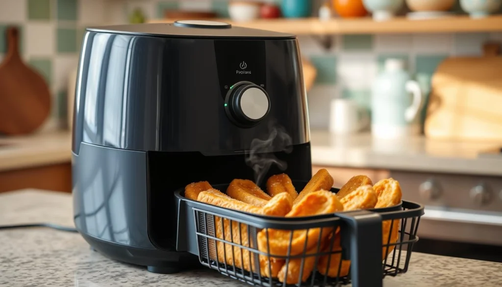 Crispy frozen French toast sticks cooked in an air fryer, served with fresh berries.

