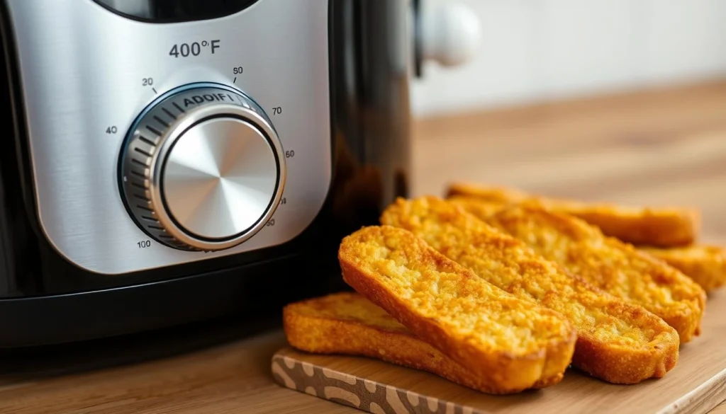 Crispy frozen French toast sticks cooked in an air fryer, served with fresh berries.