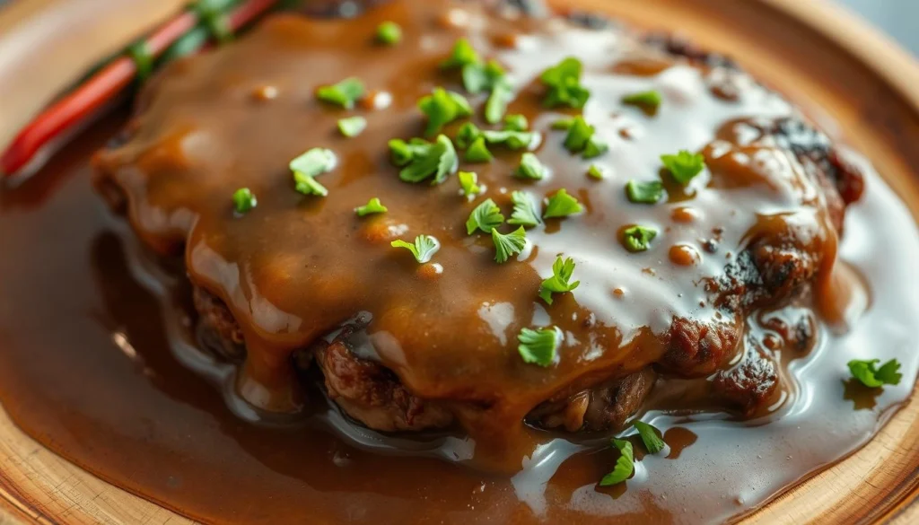 Rich, savory gravy poured over a juicy hamburger steak served with mashed potatoes and vegetables