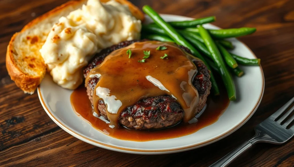 Rich, savory gravy poured over a juicy hamburger steak served with mashed potatoes and vegetables