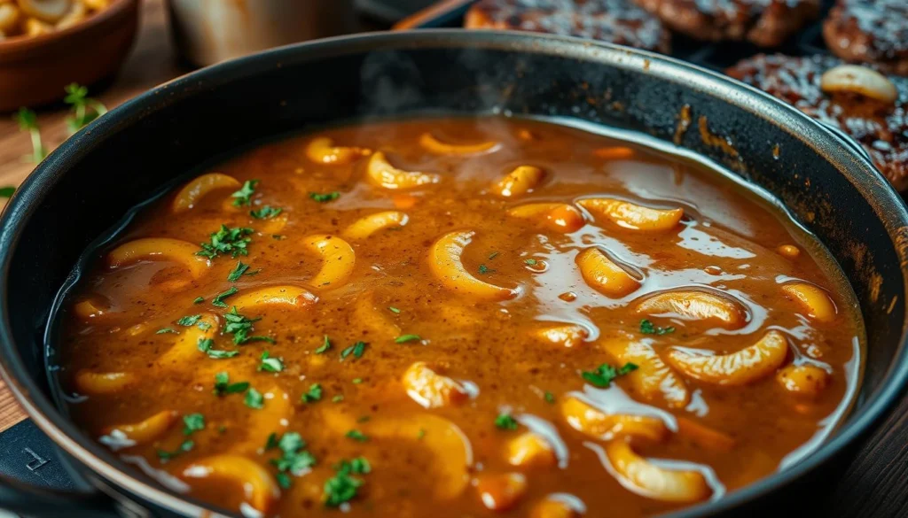 Rich, savory gravy poured over a juicy hamburger steak served with mashed potatoes and vegetables