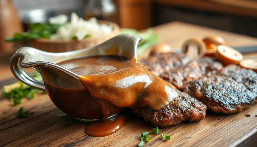 Rich, savory gravy poured over a juicy hamburger steak served with mashed potatoes and vegetables