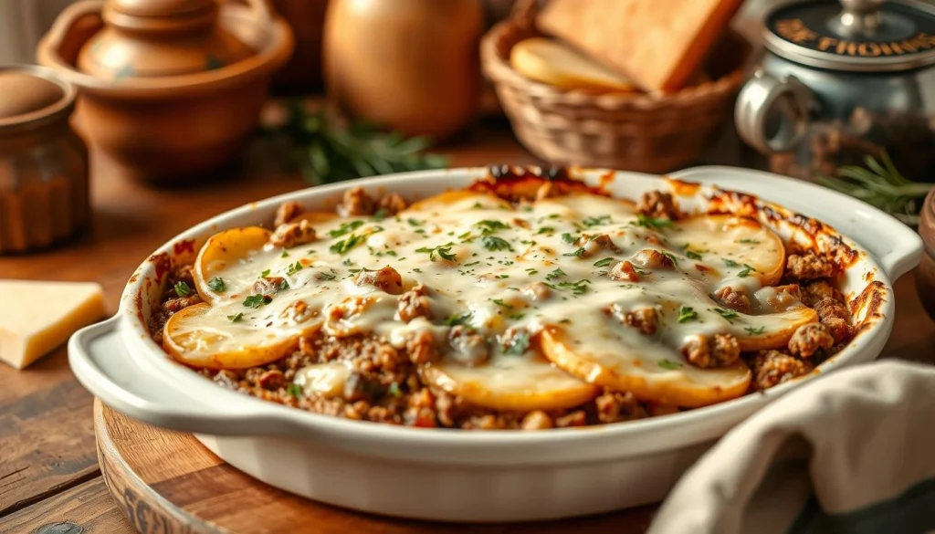 Hamburger potato hotdish with ground beef and creamy potatoes, topped with melted cheese.