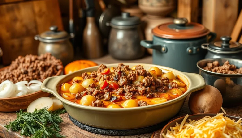 Hamburger potato hotdish with ground beef and creamy potatoes, topped with melted cheese.