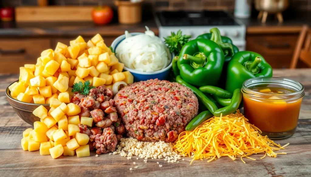 Hamburger potato hotdish with ground beef and creamy potatoes, topped with melted cheese.