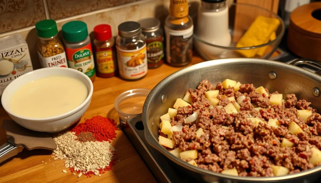 Hamburger potato hotdish with ground beef and creamy potatoes, topped with melted cheese.