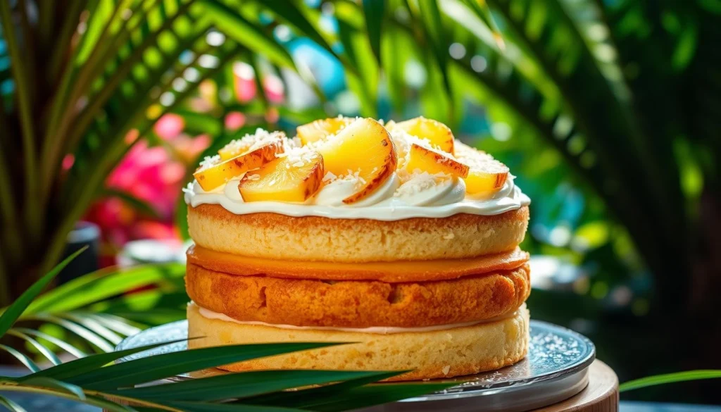 Hawaiian pineapple cake topped with caramelized pineapple rings and a moist cake base