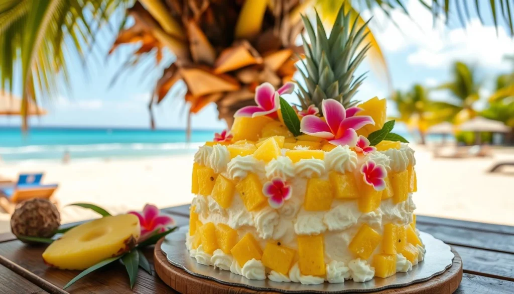 Hawaiian pineapple cake topped with caramelized pineapple rings and a moist cake base