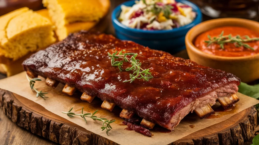 Air fryer country style ribs served on a plate with barbecue sauce