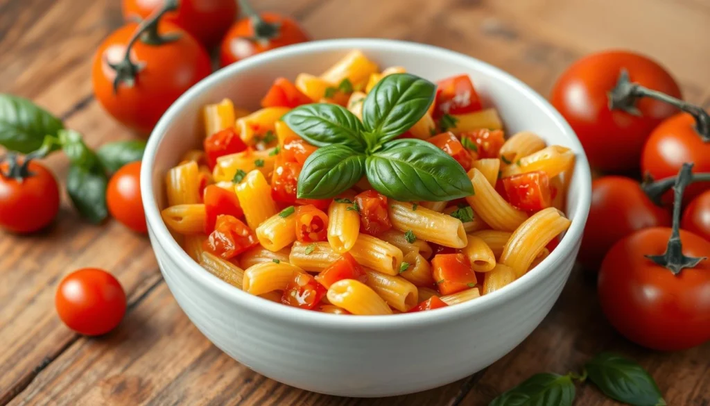 Bowl of simple macaroni and tomatoes topped with fresh herbs