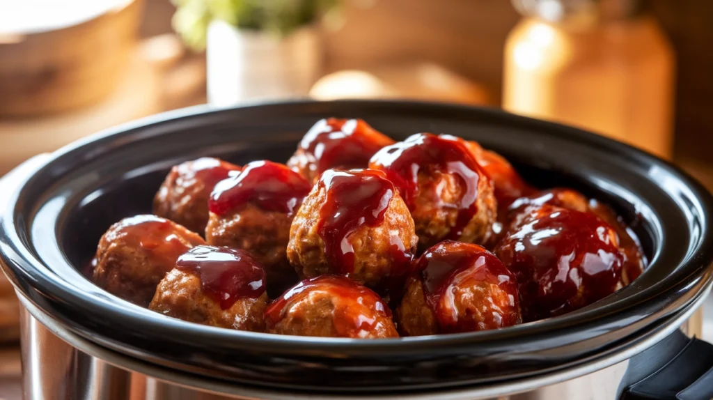 Meatballs cooked in grape jelly and chili sauce in a crockpot