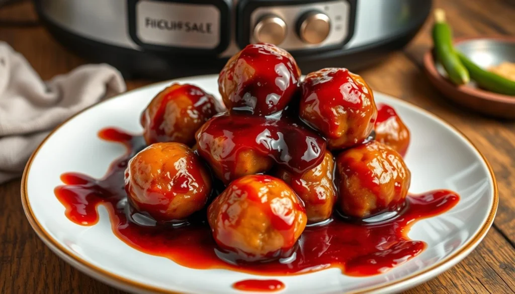 Meatballs cooked in grape jelly and chili sauce in a crockpot