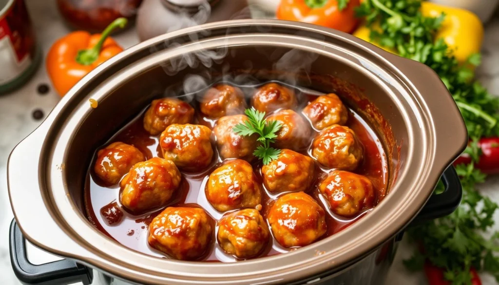 Meatballs cooked in grape jelly and chili sauce in a crockpot