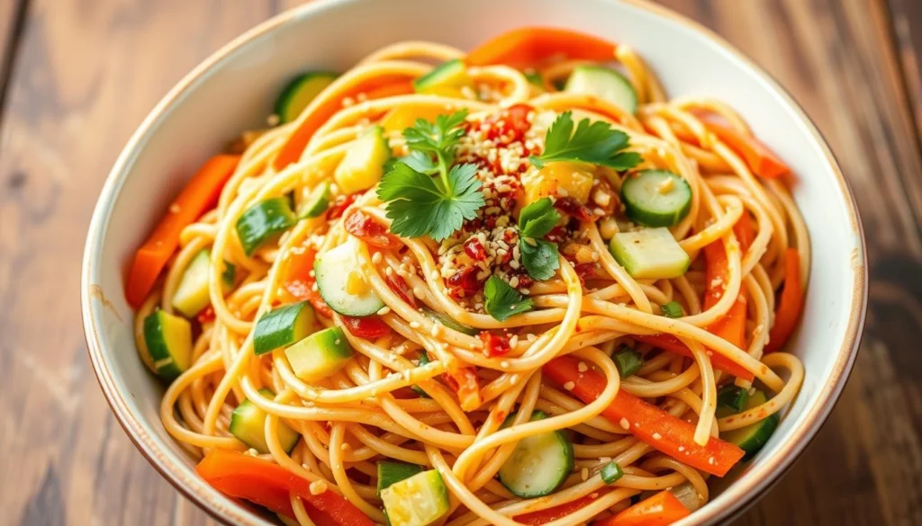 Asian inspired pasta salad with rice noodles, vegetables, and sesame ginger dressing