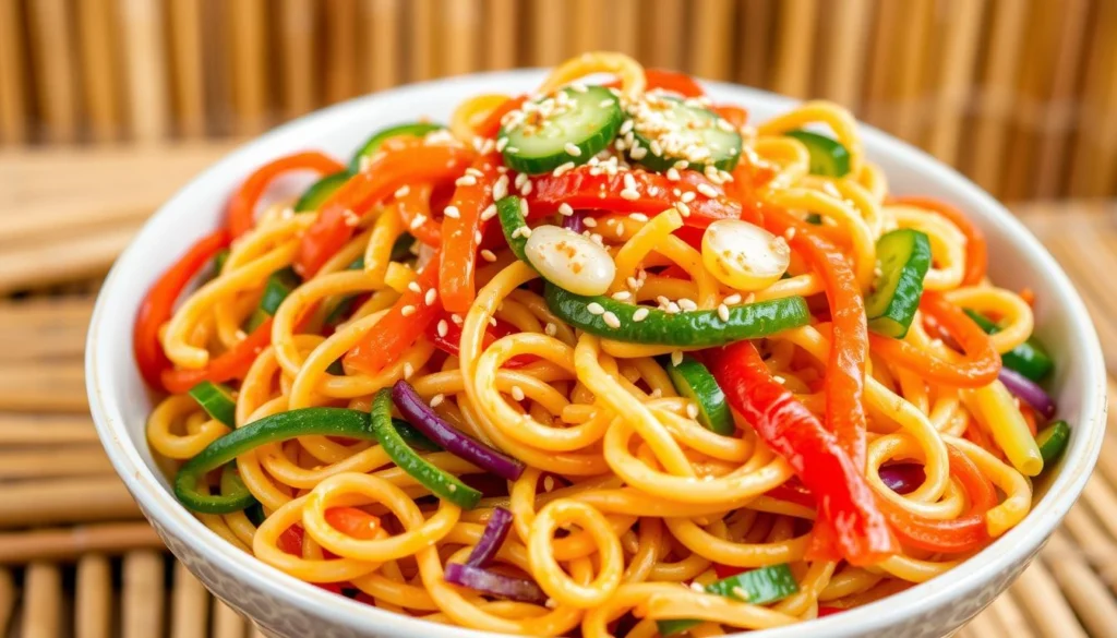 Asian inspired pasta salad with rice noodles, vegetables, and sesame ginger dressing

