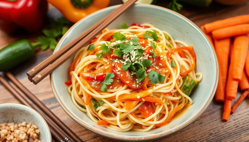 Asian inspired pasta salad with rice noodles, vegetables, and sesame ginger dressing

