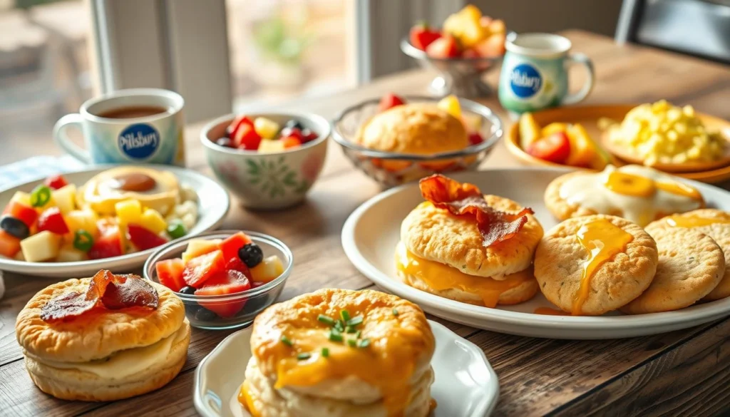 Freshly baked Pillsbury biscuit breakfast sandwiches with scrambled eggs, crispy bacon, and cheese.