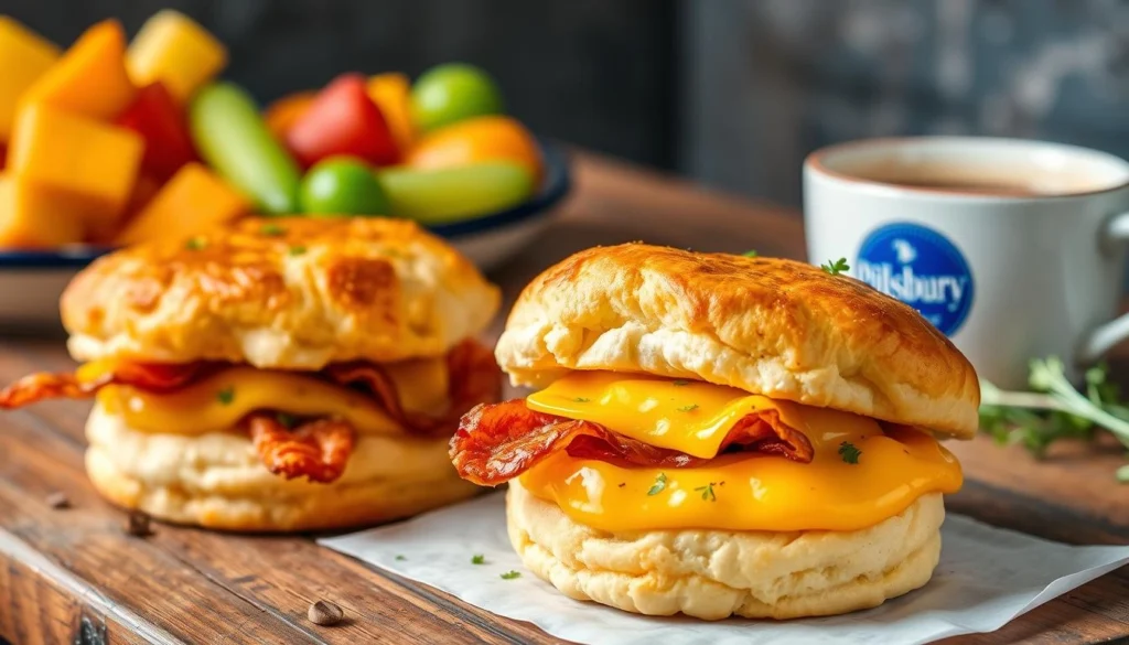 Freshly baked Pillsbury biscuit breakfast sandwiches with scrambled eggs, crispy bacon, and cheese.

