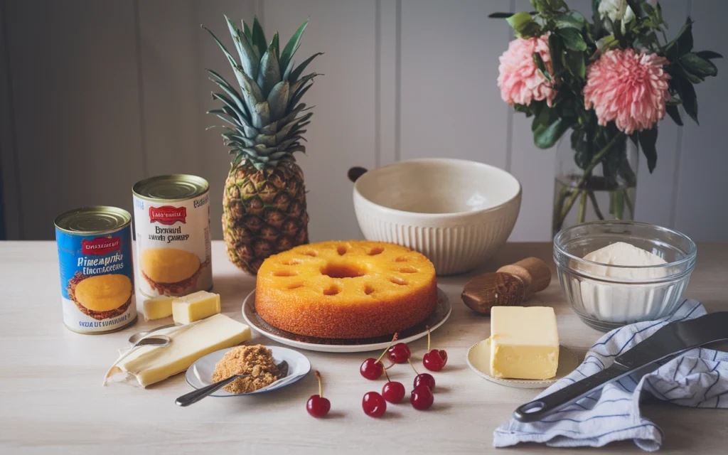 Ingredients for Pineapple Upside Down Cake with cake mix: pineapple rings, cherries, butter, sugar, cake mix.