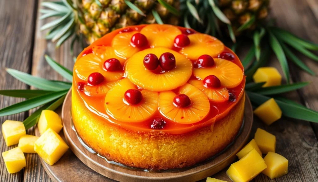 Ingredients for Pineapple Upside Down Cake with cake mix: pineapple rings, cherries, butter, sugar, cake mix.

