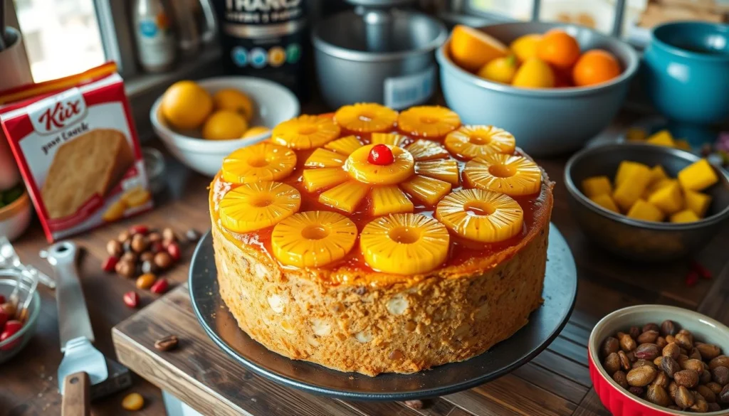 Ingredients for Pineapple Upside Down Cake with cake mix: pineapple rings, cherries, butter, sugar, cake mix.