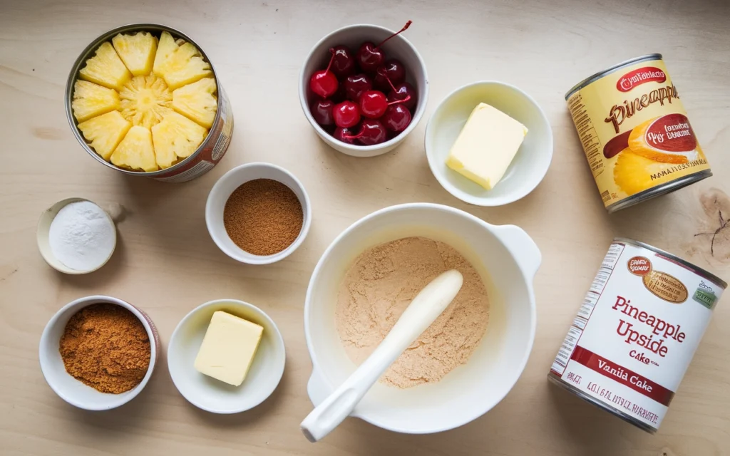 Ingredients for Pineapple Upside Down Cake with cake mix: pineapple rings, cherries, butter, sugar, cake mix.