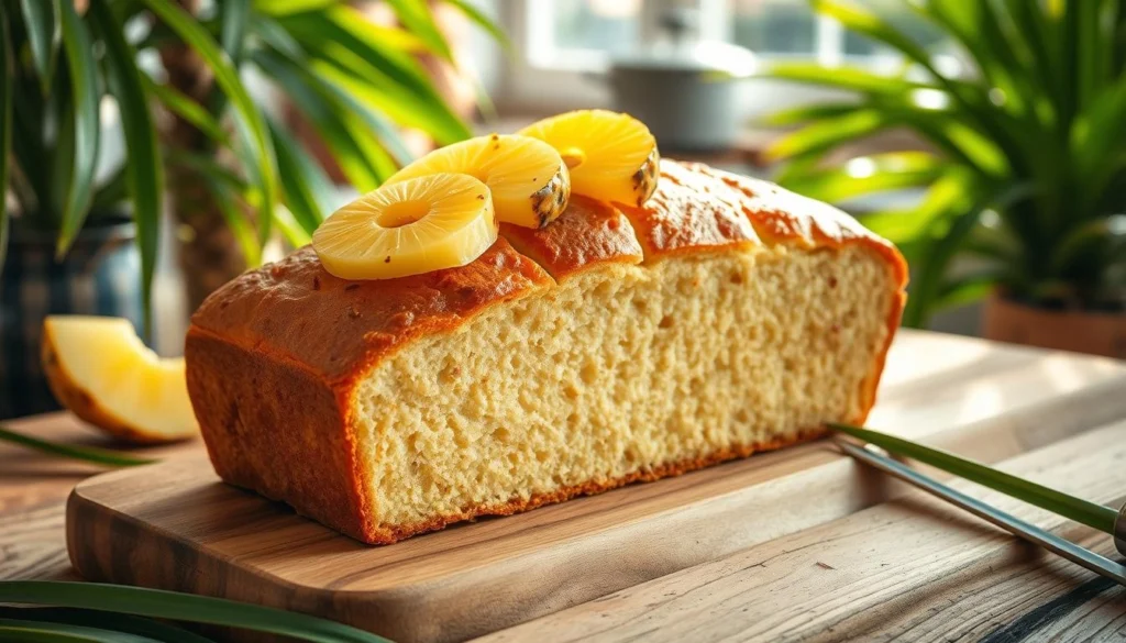 A freshly baked loaf of moist pineapple bread with a golden-brown crust, featuring pieces of juicy pineapple.