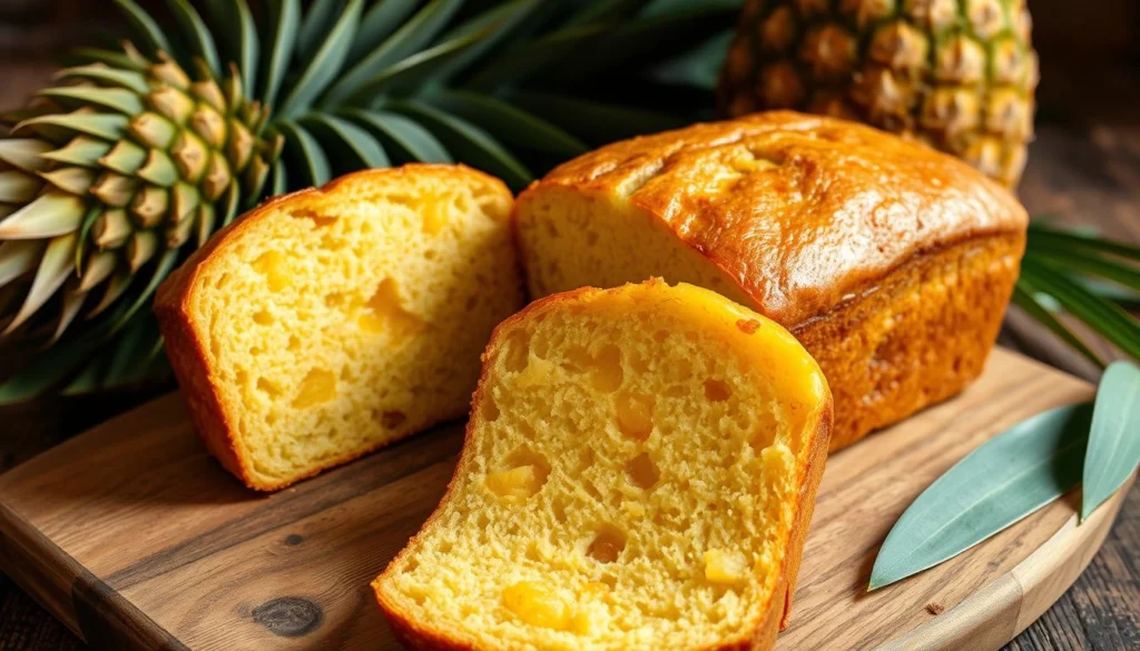 A freshly baked loaf of moist pineapple bread with a golden-brown crust, featuring pieces of juicy pineapple.