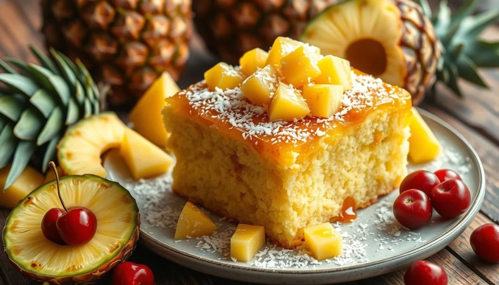 Pineapple Dump Cake Ingredients and Baked Dessert