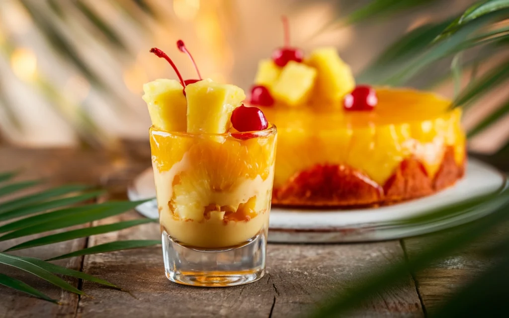 Pineapple upside down cake shot with pineapple garnish.