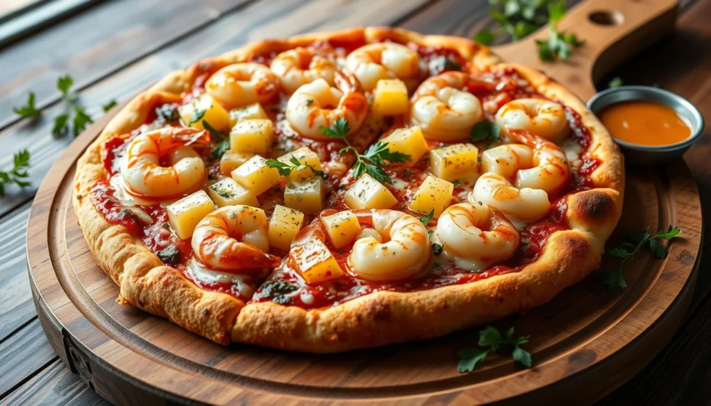 Pineapple shrimp pizza with melted cheese and fresh herbs on a crispy crust.