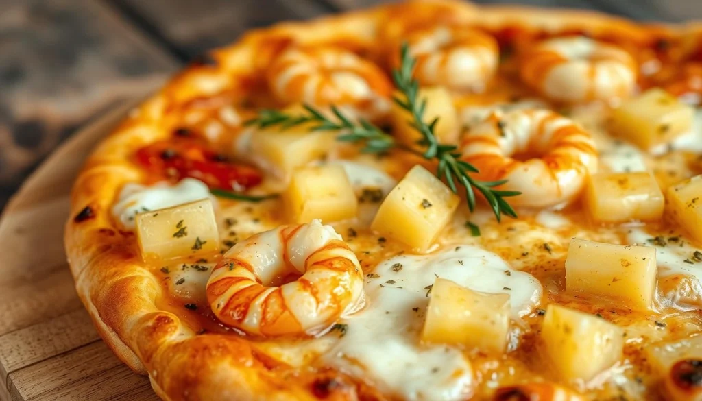 Pineapple shrimp pizza with melted cheese and fresh herbs on a crispy crust.