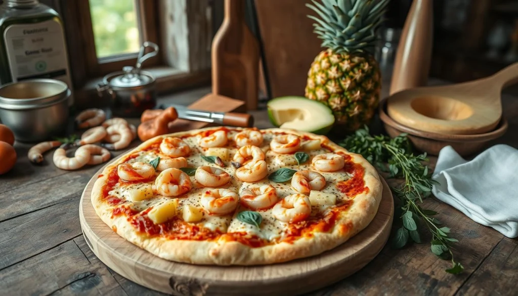 Pineapple shrimp pizza with melted cheese and fresh herbs on a crispy crust.