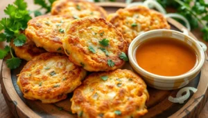 Golden brown crispy onion patties served on a plate with a side of dipping sauce.