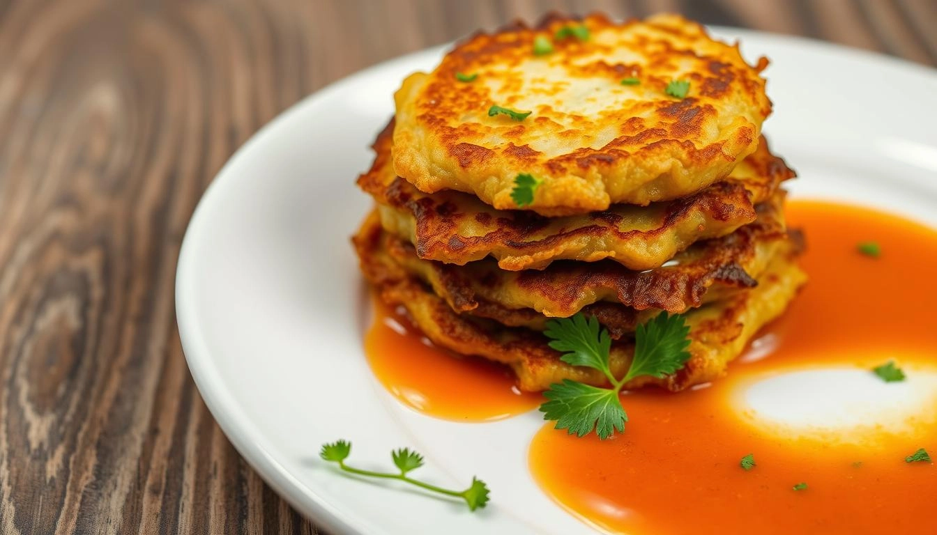 Golden brown crispy onion patties served on a plate with a side of dipping sauce.

