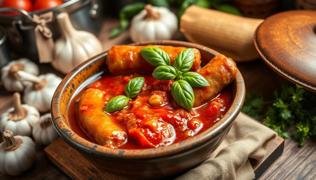 Sausage simmering in rich tomato sauce with herbs.