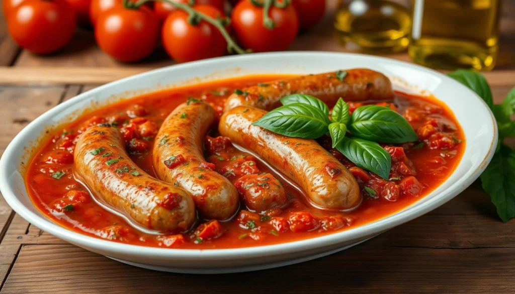 Sausage simmering in rich tomato sauce with herbs.
