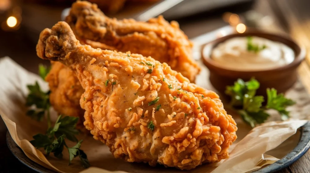 Crispy Southern fried chicken with a golden-brown batter served on a plate with sides.