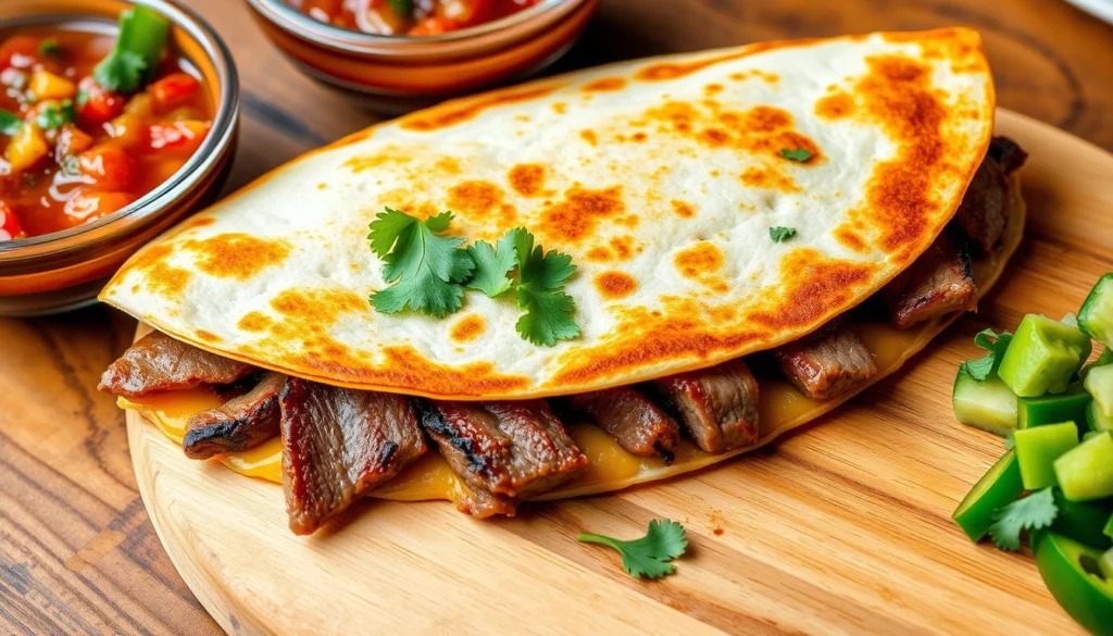 A golden brown steak quesadilla filled with melted cheese and juicy steak, served with guacamole and salsa.