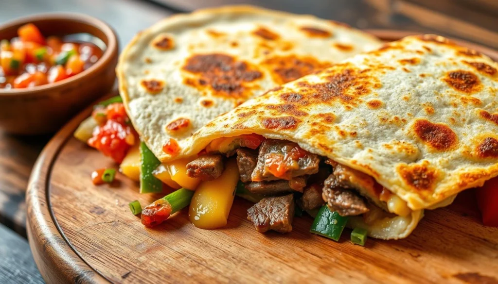 A golden brown steak quesadilla filled with melted cheese and juicy steak, served with guacamole and salsa.