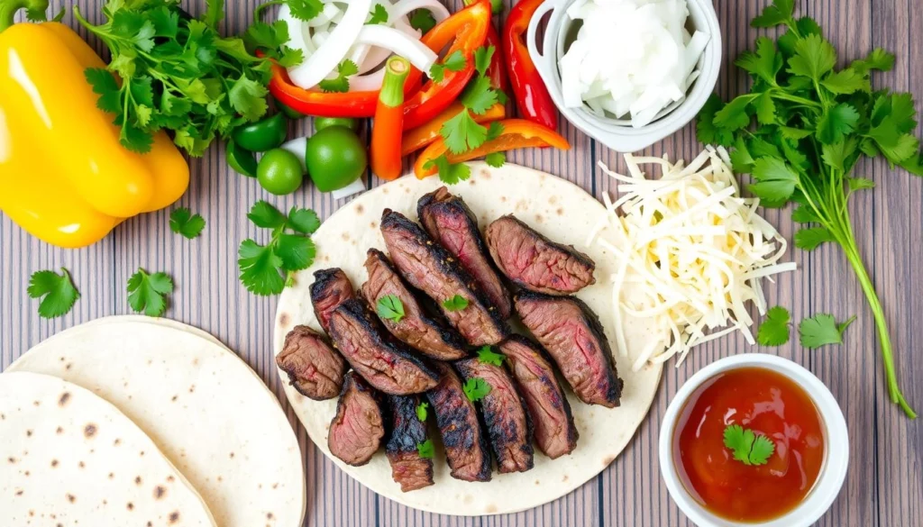 A golden brown steak quesadilla filled with melted cheese and juicy steak, served with guacamole and salsa.