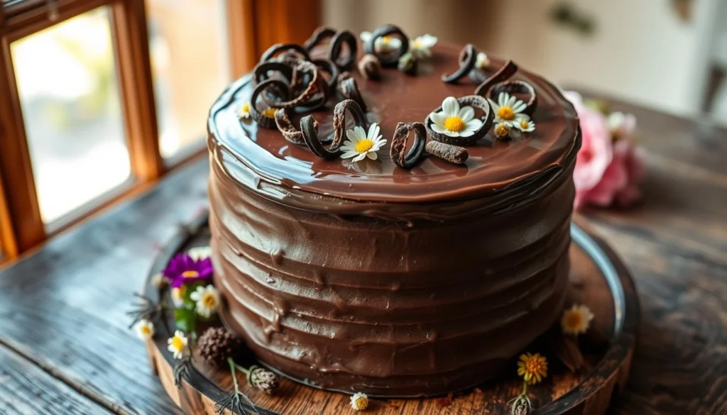 A beautifully presented Swiss chocolate cake with smooth ganache and creamy frosting, cut into perfect slices.