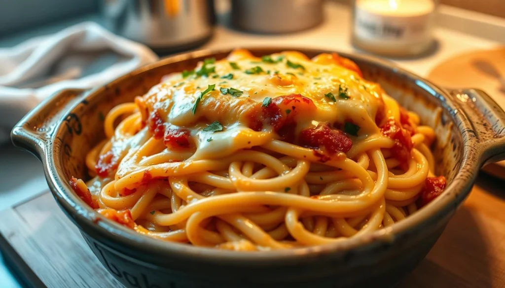 A plate of creamy baked spaghetti with a golden cheesy top, served in a casserole dish.