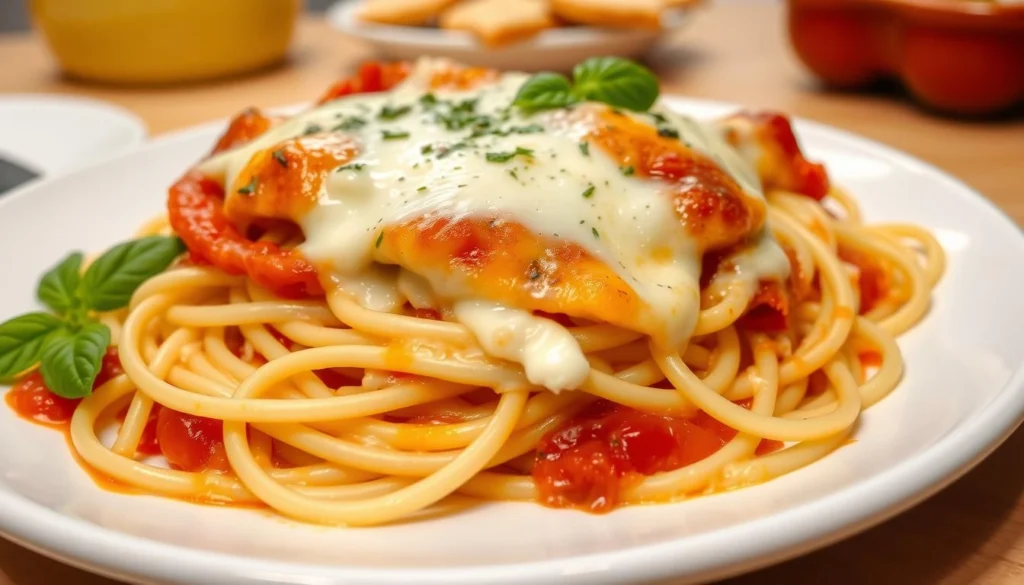 A plate of creamy baked spaghetti with a golden cheesy top, served in a casserole dish.