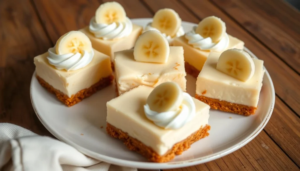 Banana pudding cheesecake squares with graham cracker crust and cream cheese swirls