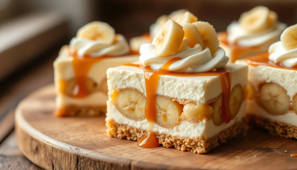 Banana pudding cheesecake squares with graham cracker crust and cream cheese swirls