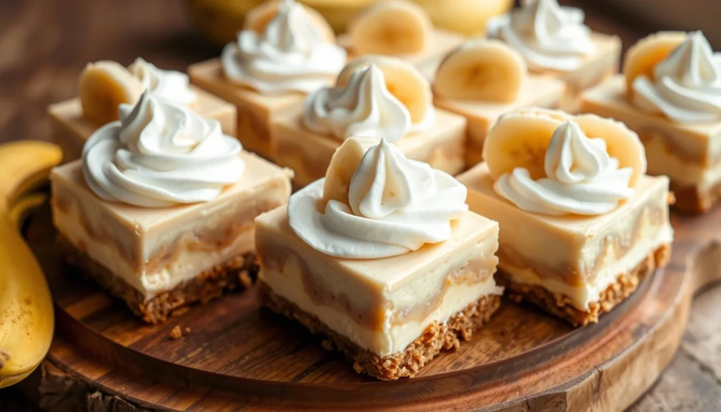 Banana pudding cheesecake squares with graham cracker crust and cream cheese swirls